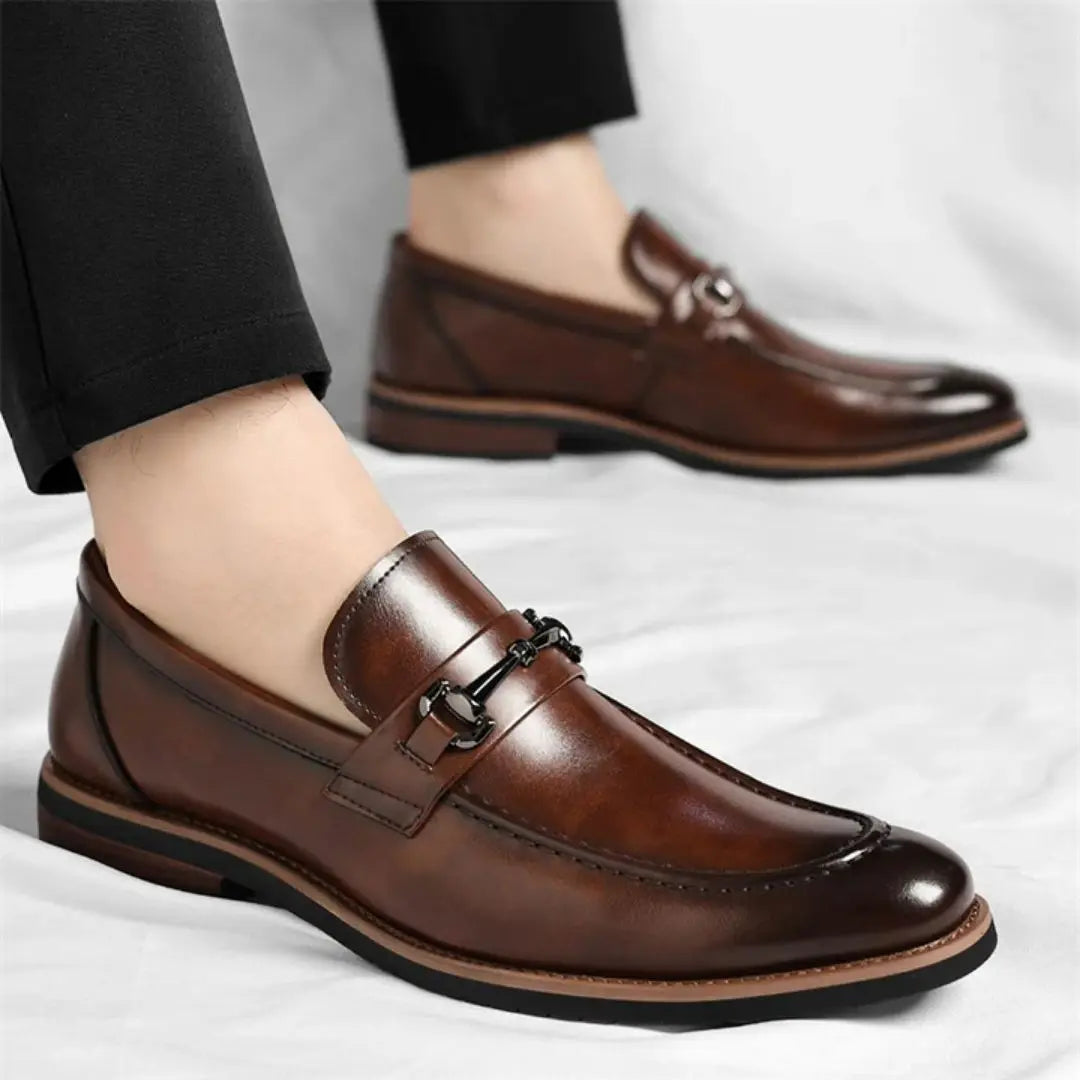 Veneto Men's Italian Leather Loafers with Metal Detail