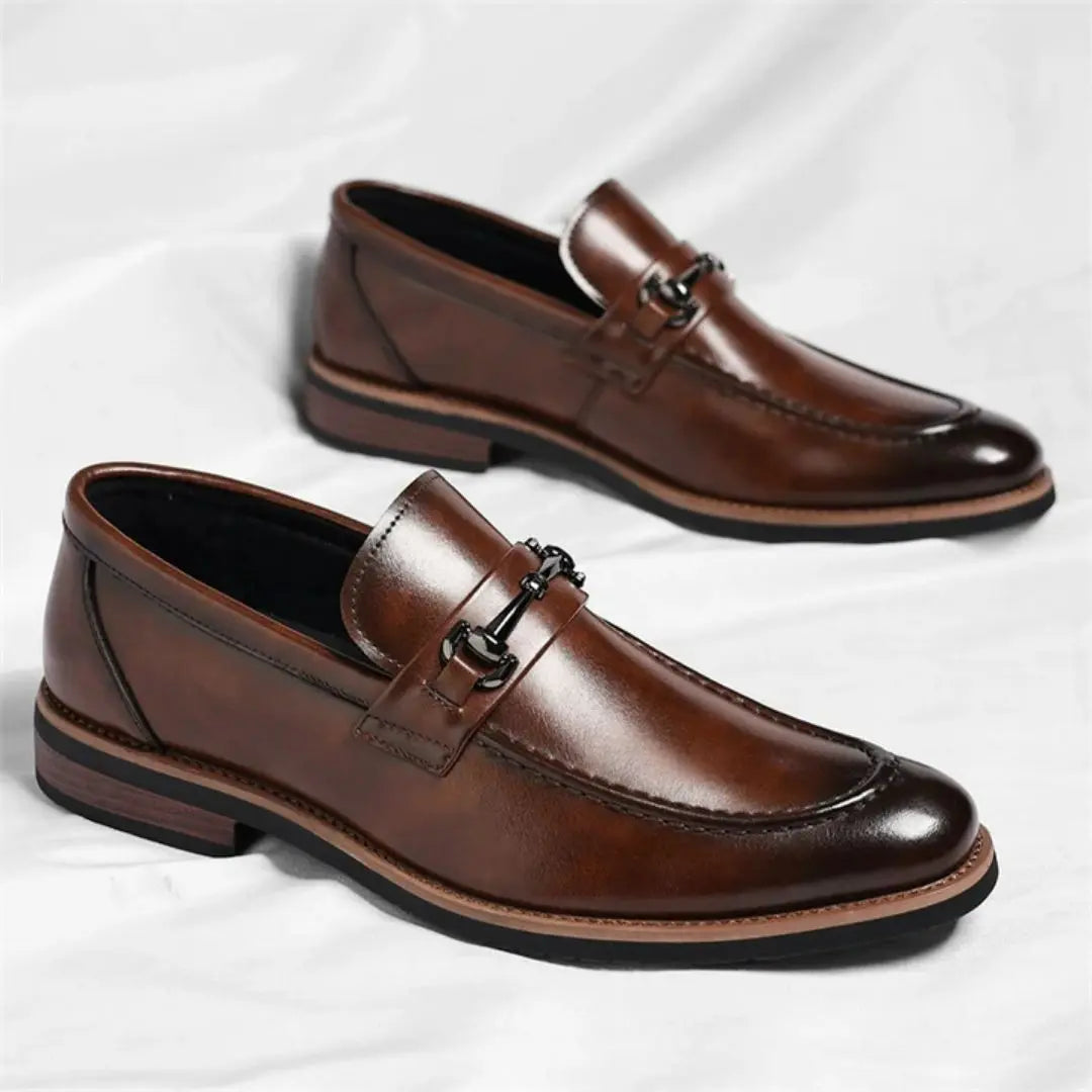 Veneto Men's Italian Leather Loafers with Metal Detail