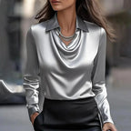 Women's Smooth Satin Draped-Neckline Long-Sleeve Blouse