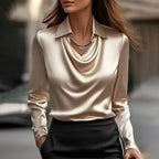 Women's Smooth Satin Draped-Neckline Long-Sleeve Blouse
