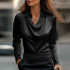 Women's Smooth Satin Draped-Neckline Long-Sleeve Blouse
