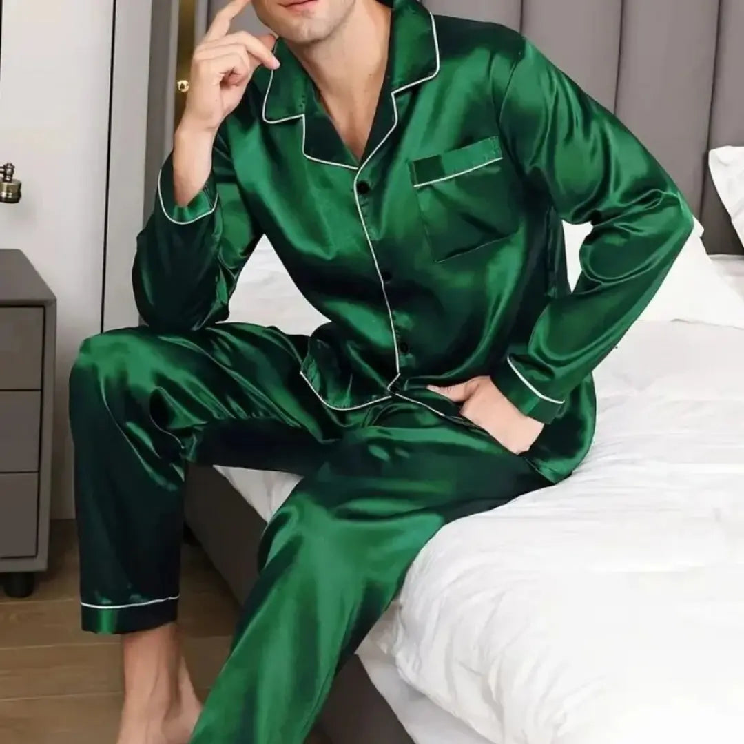 Men's Smooth Satin-Silk Button-Front Pajamas