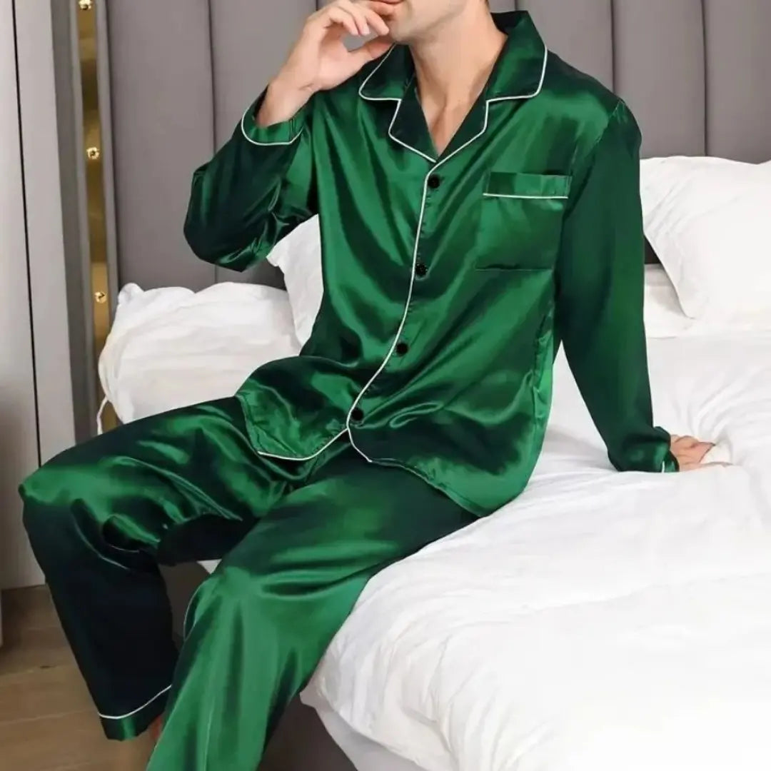 Men's Smooth Satin-Silk Button-Front Pajamas