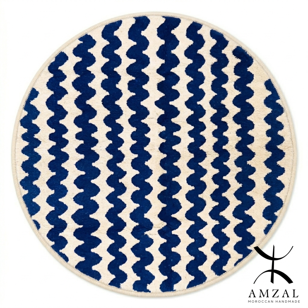 Moroccan rug Round Blue Beni ouarain Handmade wool carpet custom