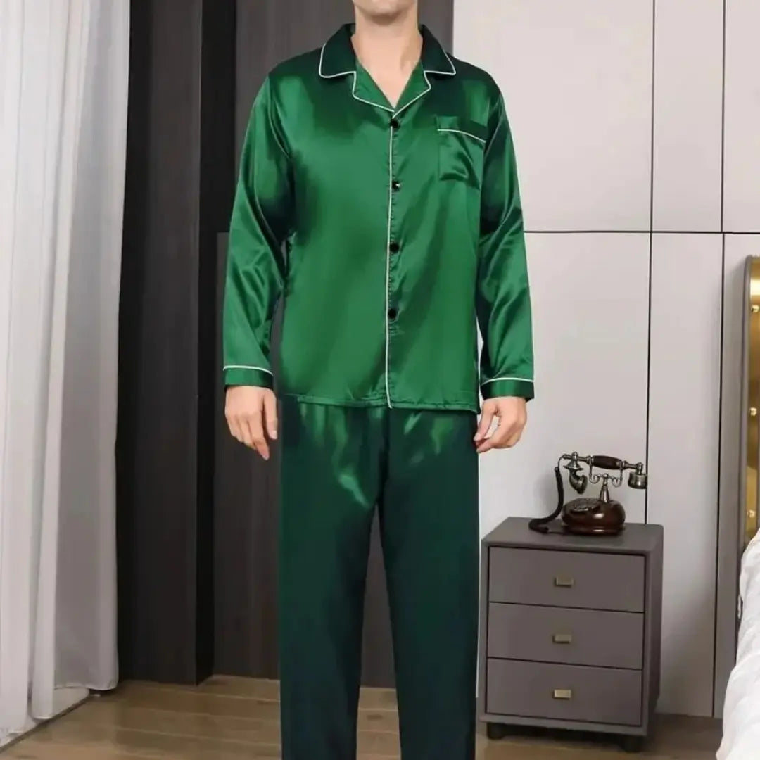 Men's Smooth Satin-Silk Button-Front Pajamas
