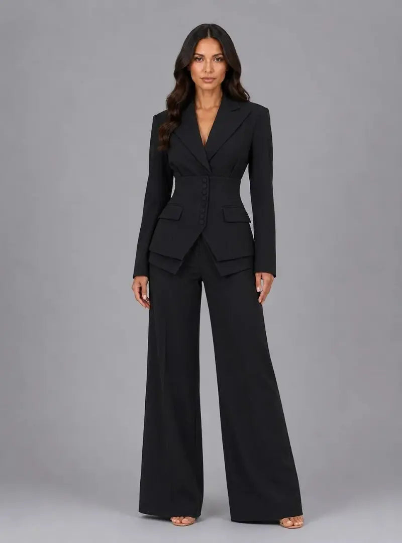 Lara - Women's Tailored Two-Piece Suit – Cinched Waist & Wide-Leg Trousers