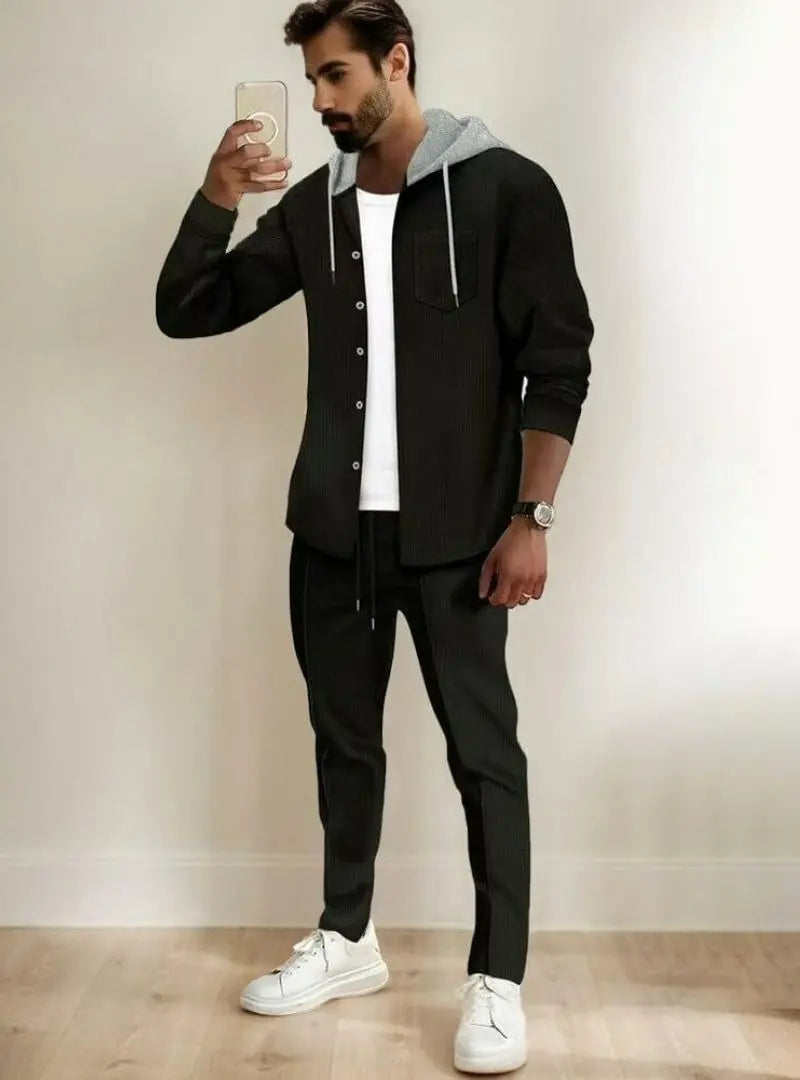 Athleisure Men's Waffle Hooded Jacket Set