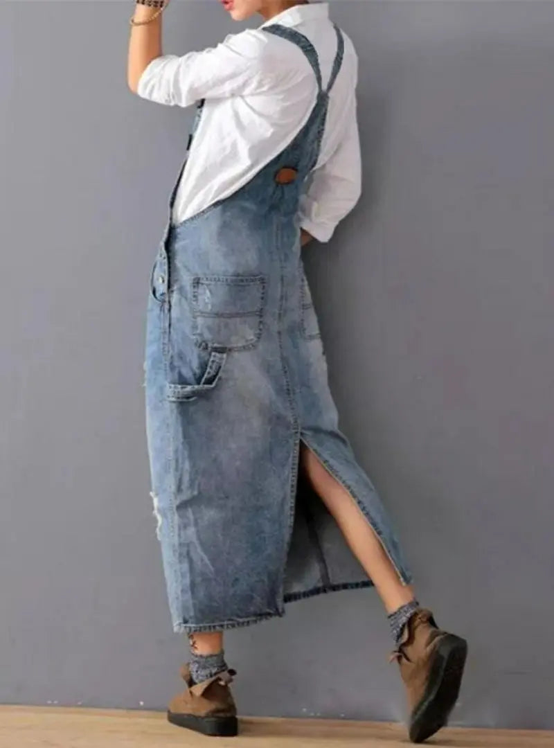 Back Slit Distressed Denim Overalls Dress