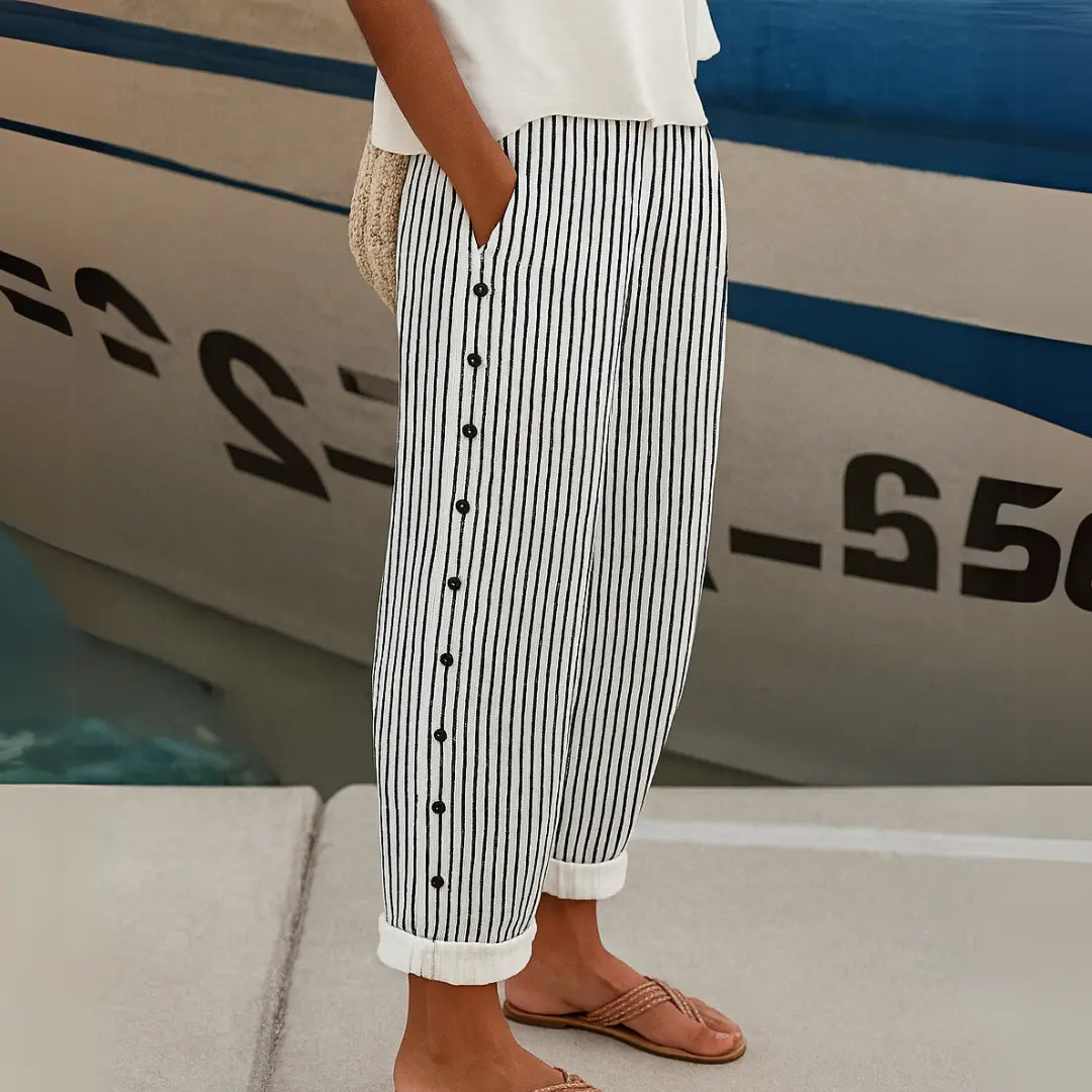 Women's High-Waisted Striped Button Pants