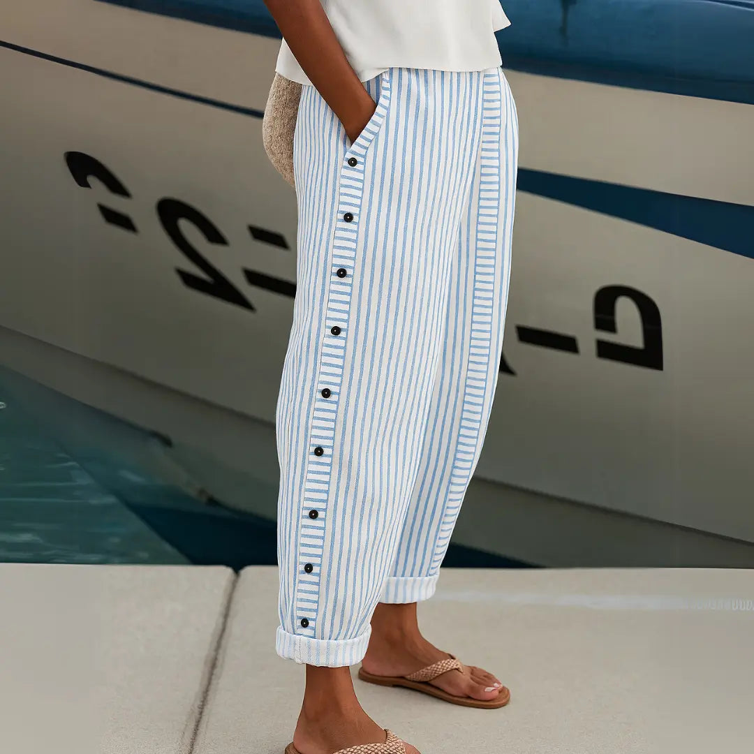 Women's High-Waisted Striped Button Pants