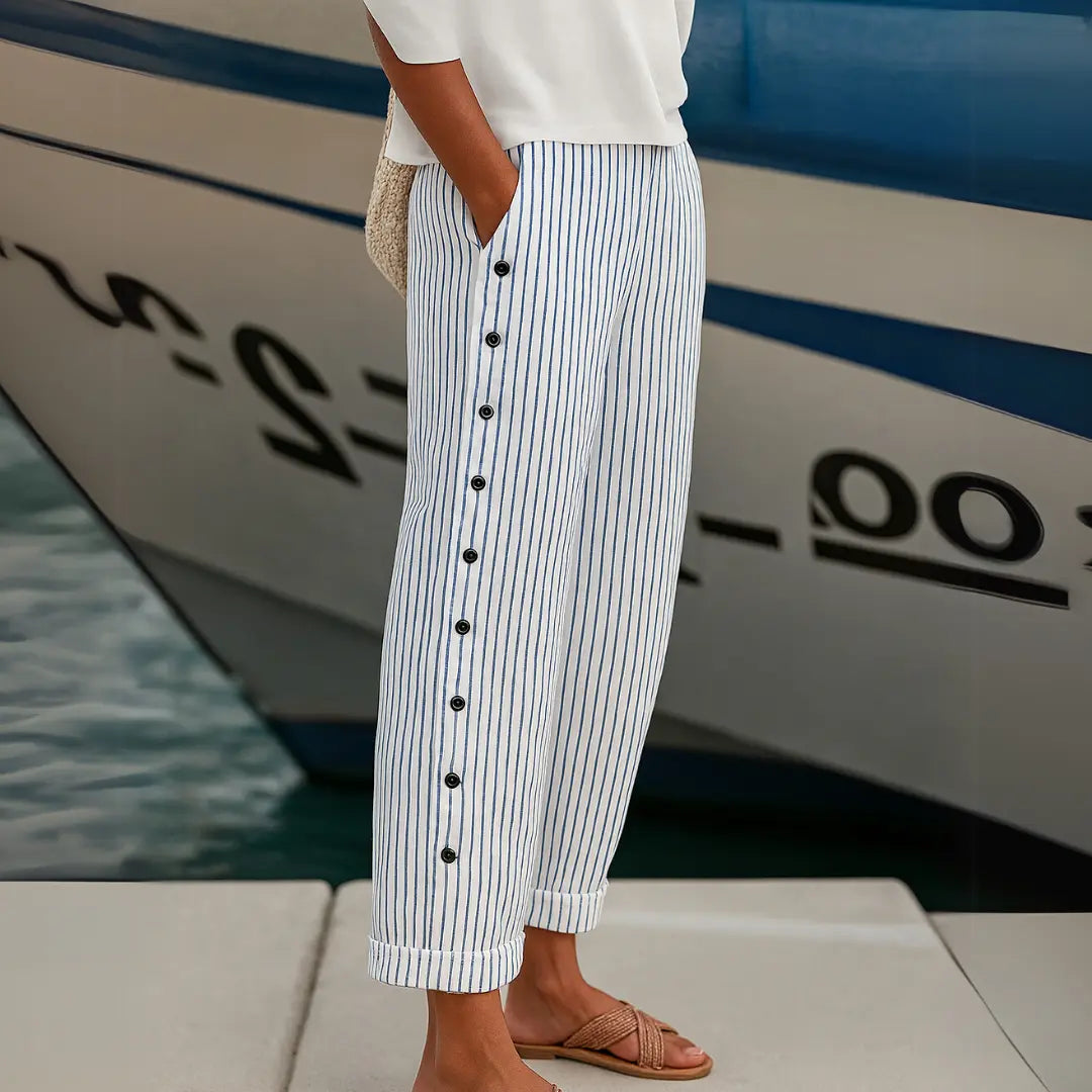 Women's High-Waisted Striped Button Pants