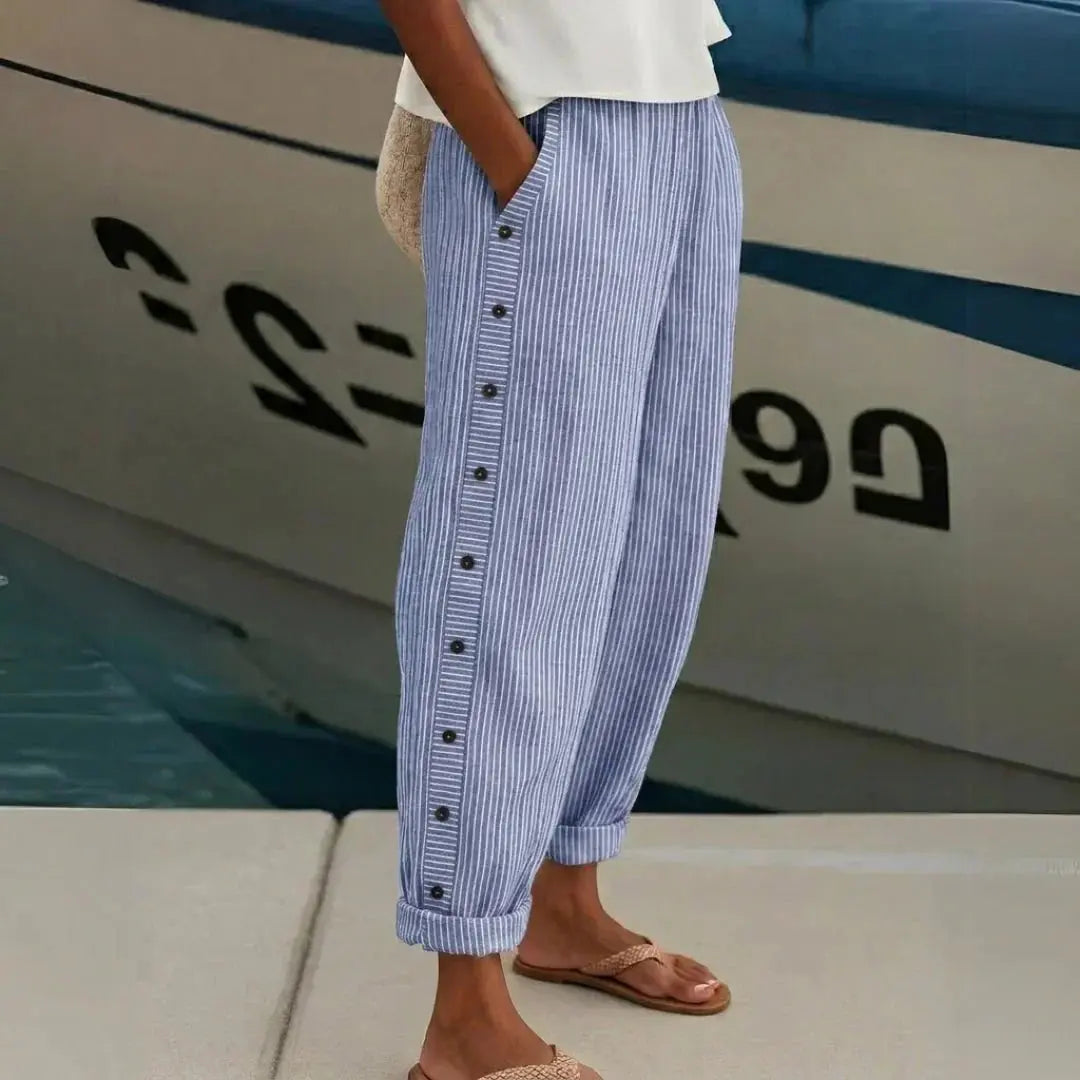 Women's High-Waisted Striped Button Pants
