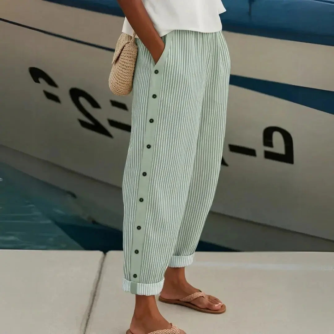 Women's High-Waisted Striped Button Pants