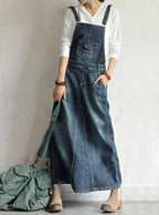 Casual Vintage-Inspired Back Slit Denim Overall Dress