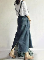 Casual Vintage-Inspired Back Slit Denim Overall Dress