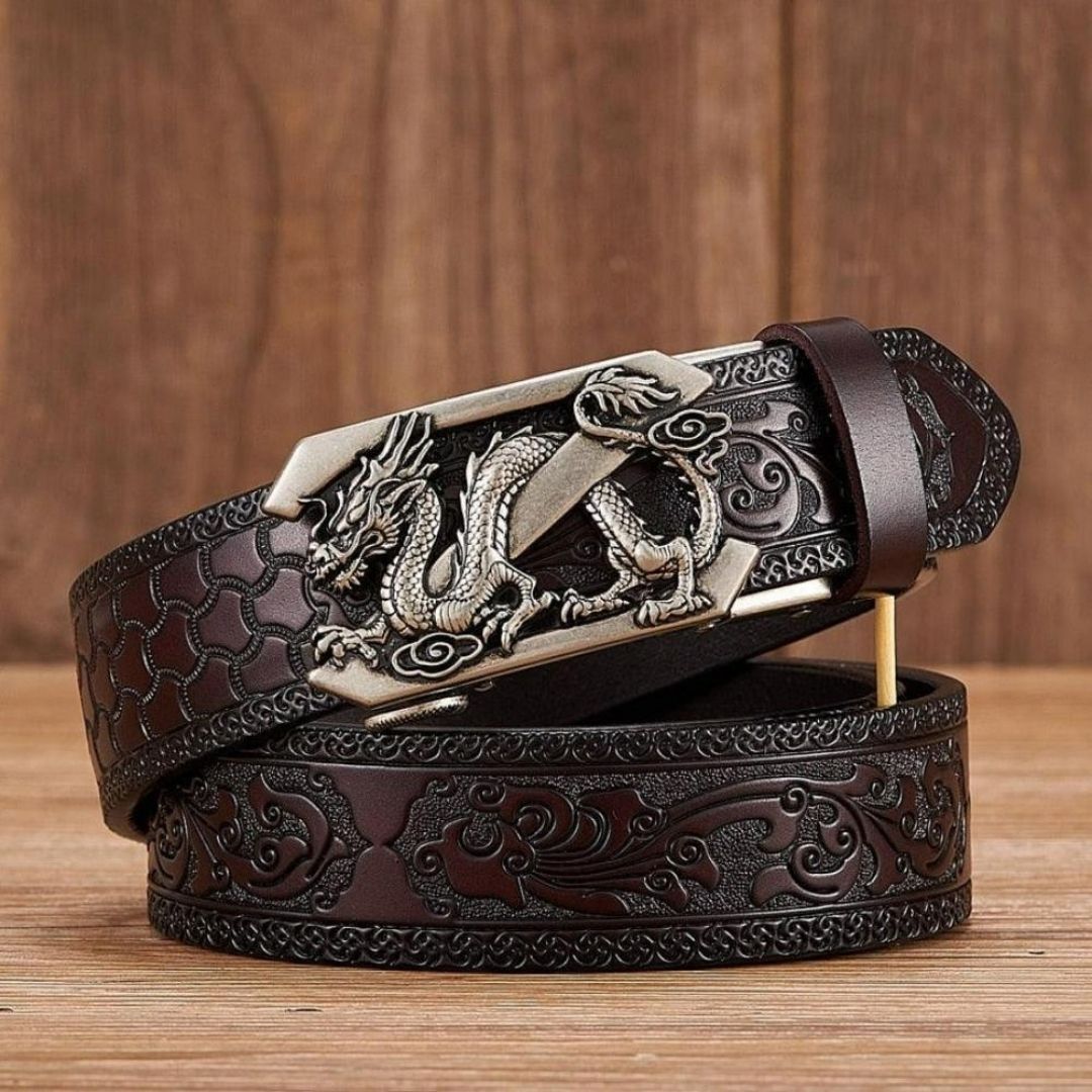Embossed Z Dragon Pendant Men's Leather Belt - Harajuku Street Wear