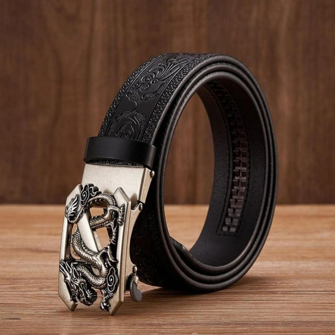 Embossed Z Dragon Pendant Men's Leather Belt - Harajuku Street Wear
