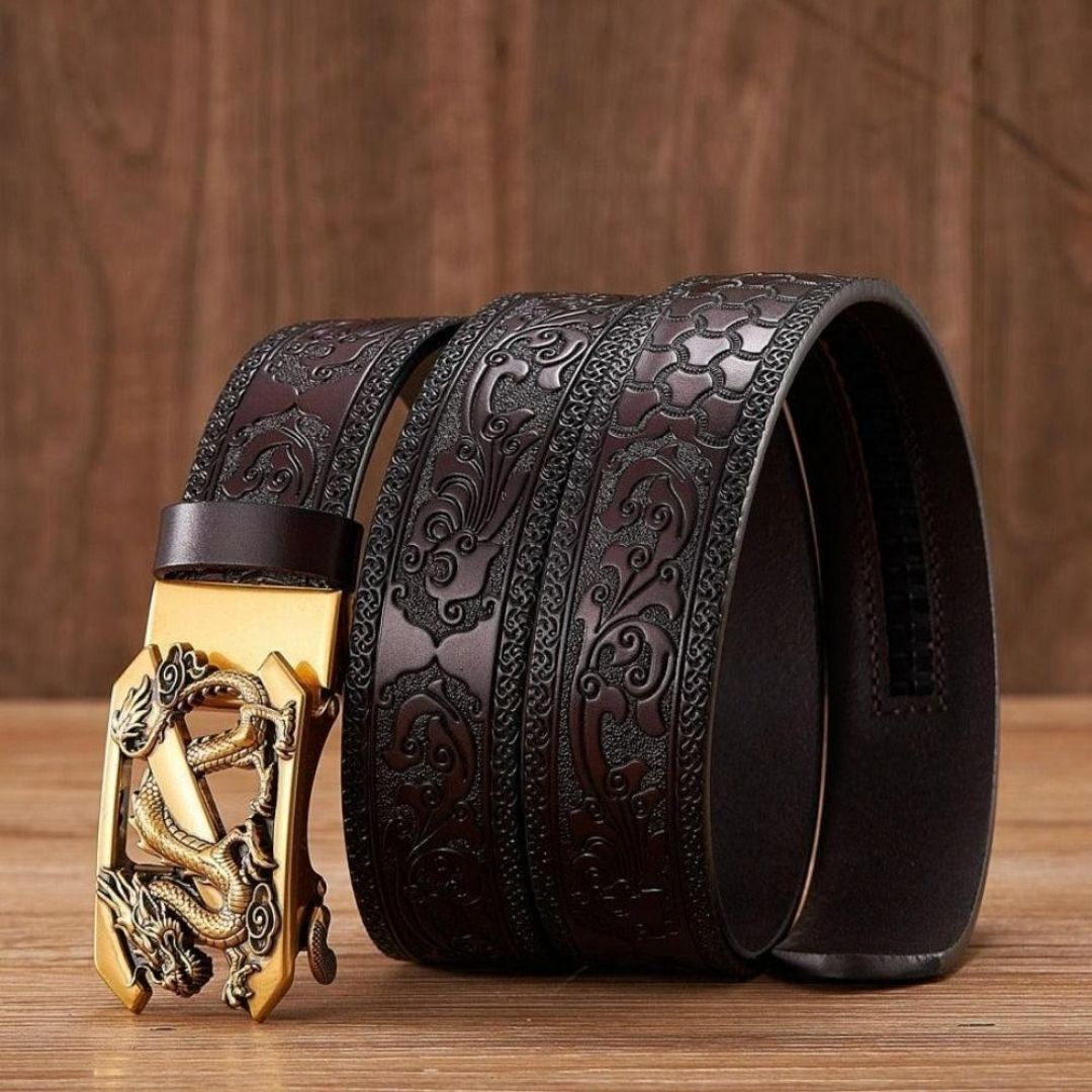 Embossed Z Dragon Pendant Men's Leather Belt - Harajuku Street Wear