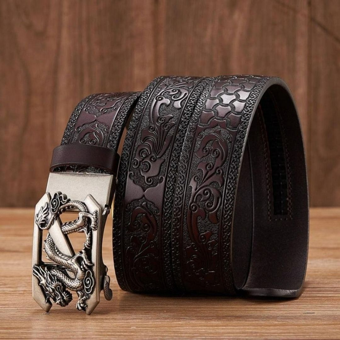 Embossed Z Dragon Pendant Men's Leather Belt - Harajuku Street Wear