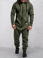 Men's Hooded Fleece Zipper Solid Color Jumpsuit