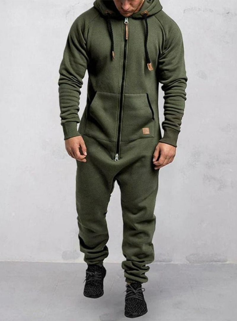 Men's Hooded Fleece Zipper Solid Color Jumpsuit