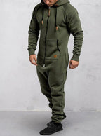 Men's Hooded Fleece Zipper Solid Color Jumpsuit