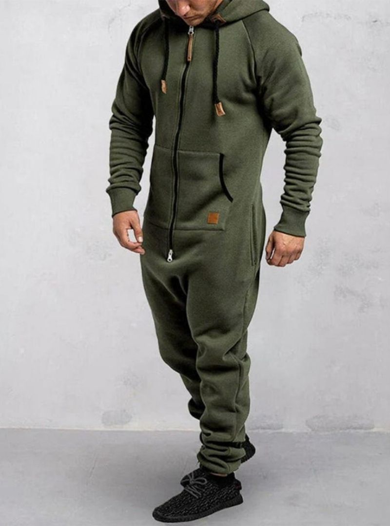 Men's Hooded Fleece Zipper Solid Color Jumpsuit