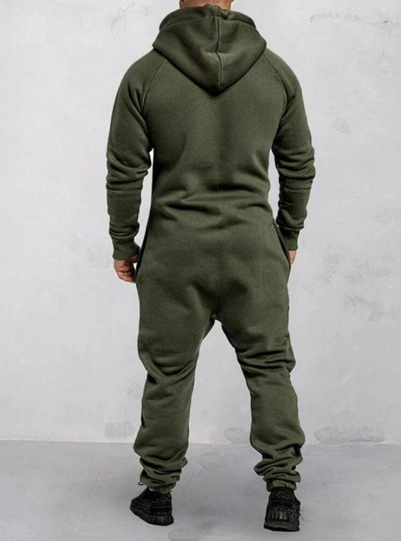 Men's Hooded Fleece Zipper Solid Color Jumpsuit