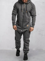Men's Hooded Fleece Zipper Solid Color Jumpsuit