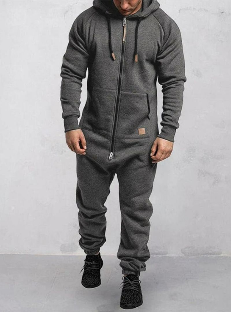 Men's Hooded Fleece Zipper Solid Color Jumpsuit