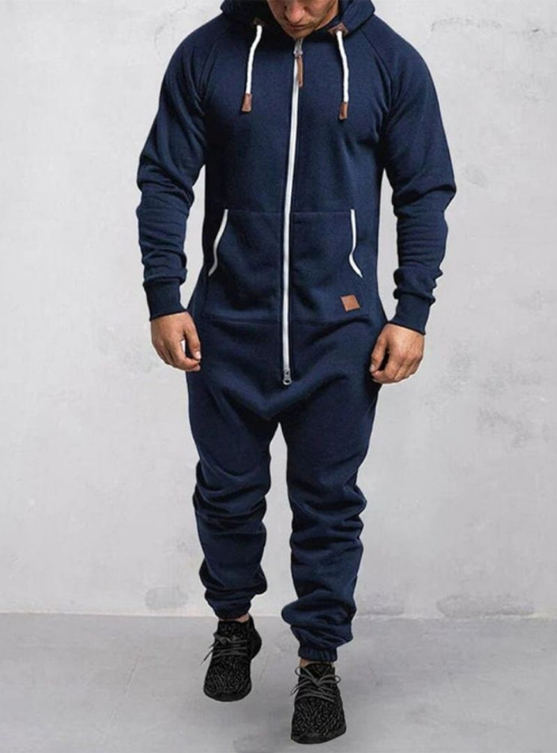 Men's Hooded Fleece Zipper Solid Color Jumpsuit