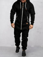 Men's Hooded Fleece Zipper Solid Color Jumpsuit