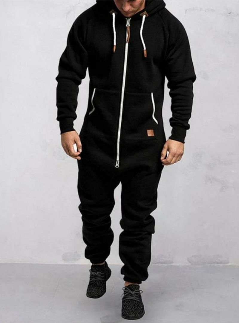 Men's Hooded Fleece Zipper Solid Color Jumpsuit