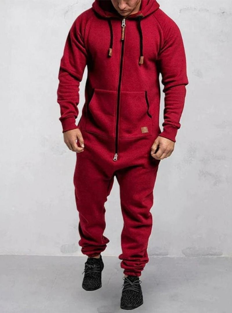 Men's Hooded Fleece Zipper Solid Color Jumpsuit