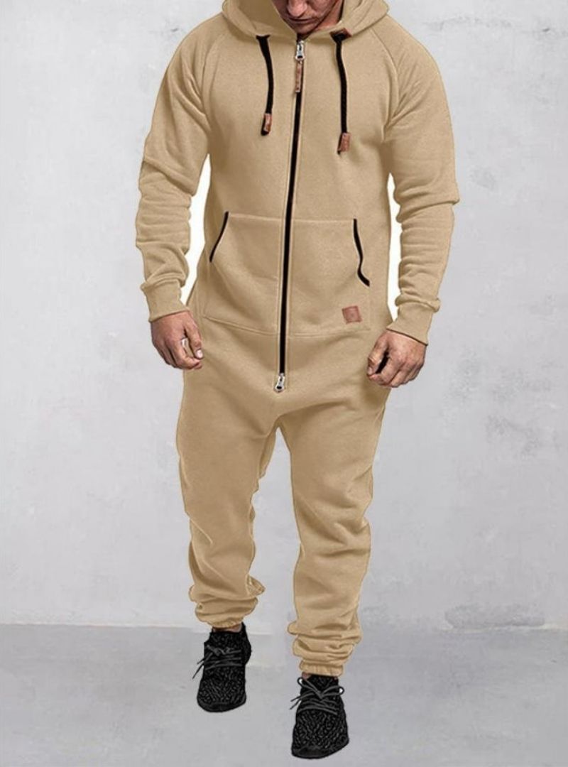 Men's Hooded Fleece Zipper Solid Color Jumpsuit