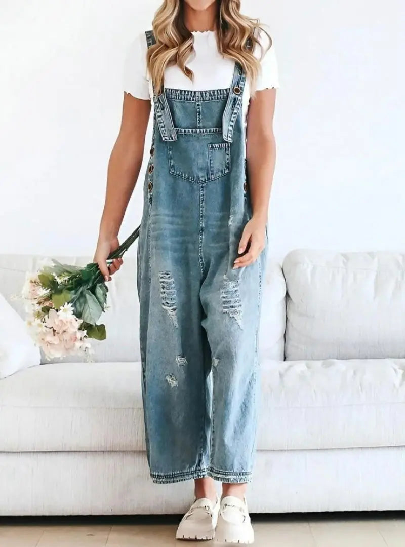 Loose Fit Distressed Denim Overalls