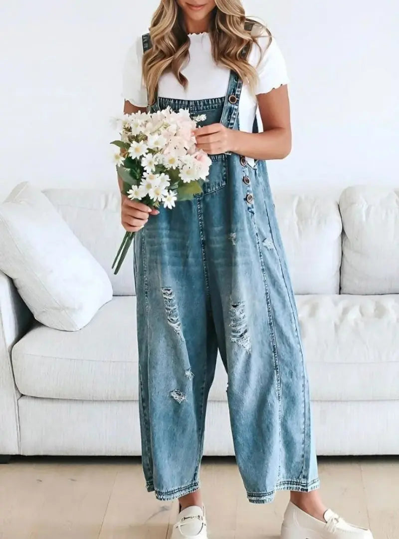Loose Fit Distressed Denim Overalls