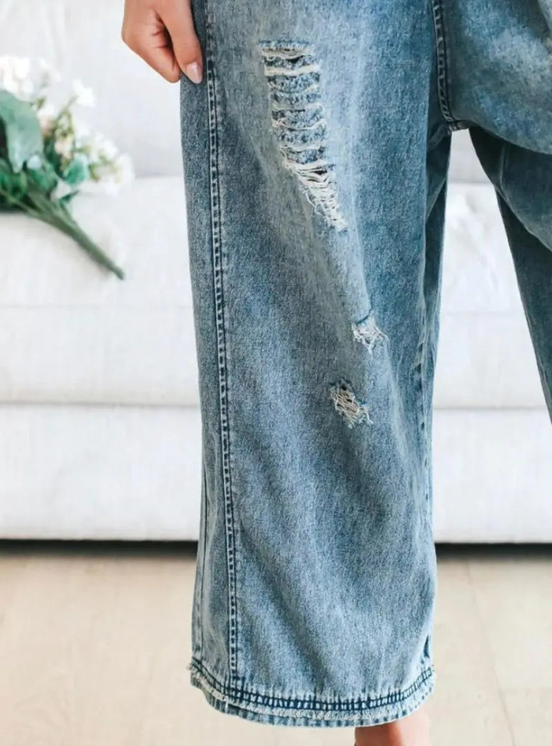 Loose Fit Distressed Denim Overalls