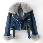 Margaux - Women's Luxe Lined Fox Fur Denim Coat