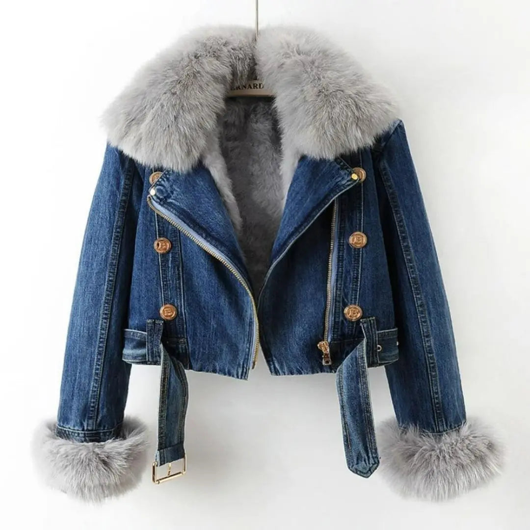 Margaux - Women's Luxe Lined Fox Fur Denim Coat