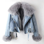 Margaux - Women's Luxe Lined Fox Fur Denim Coat