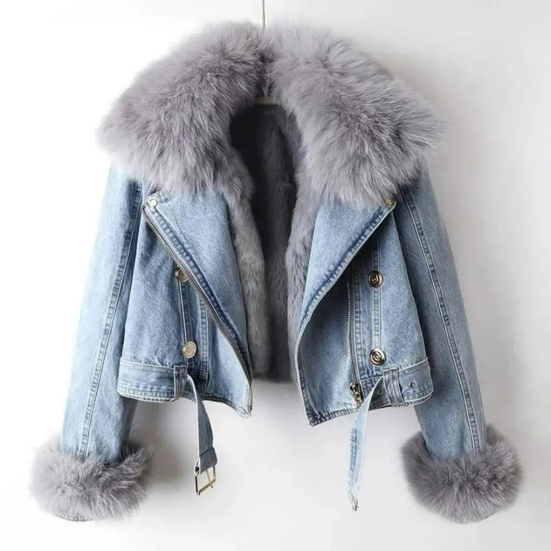 Margaux - Women's Luxe Lined Fox Fur Denim Coat