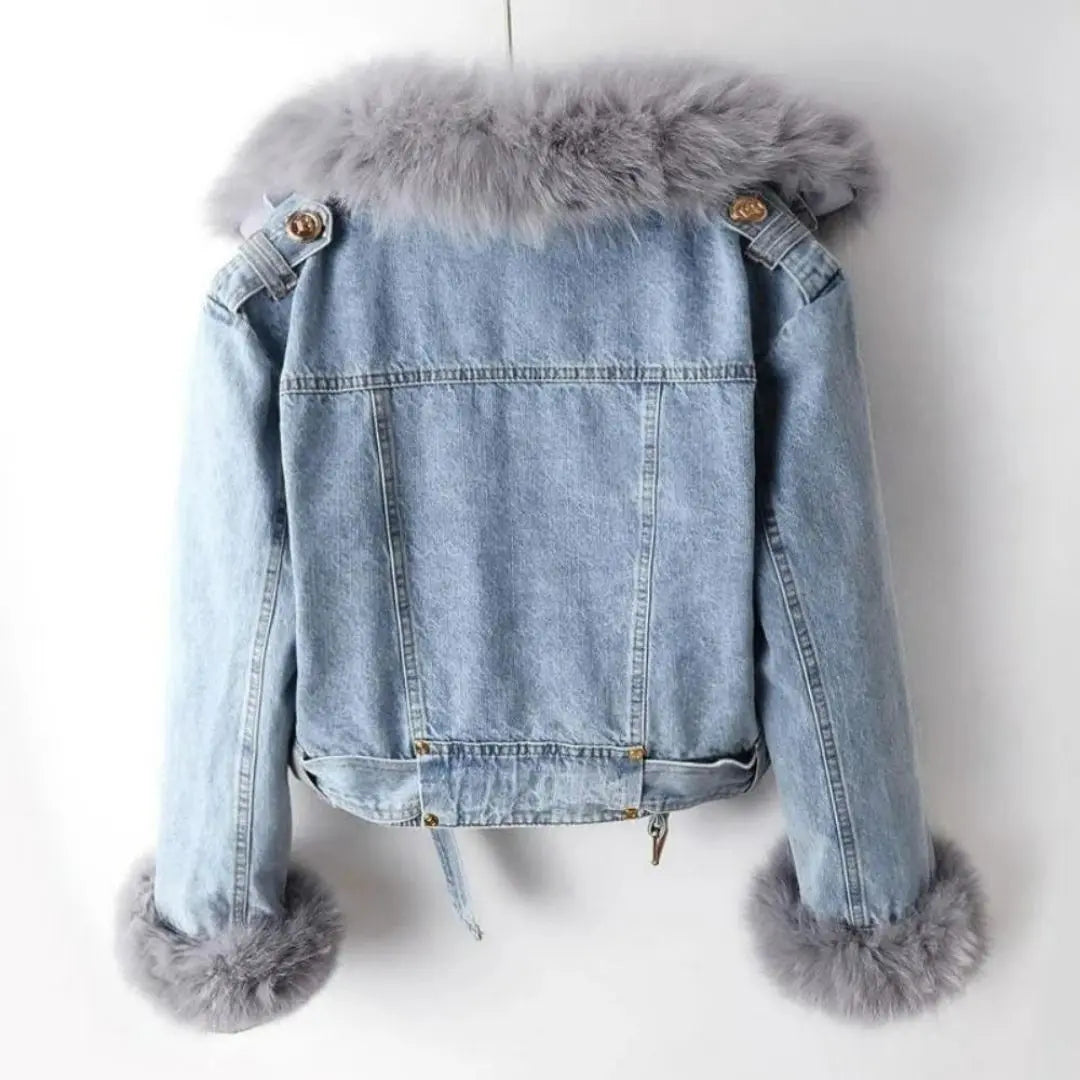 Margaux - Women's Luxe Lined Fox Fur Denim Coat