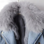 Margaux - Women's Luxe Lined Fox Fur Denim Coat