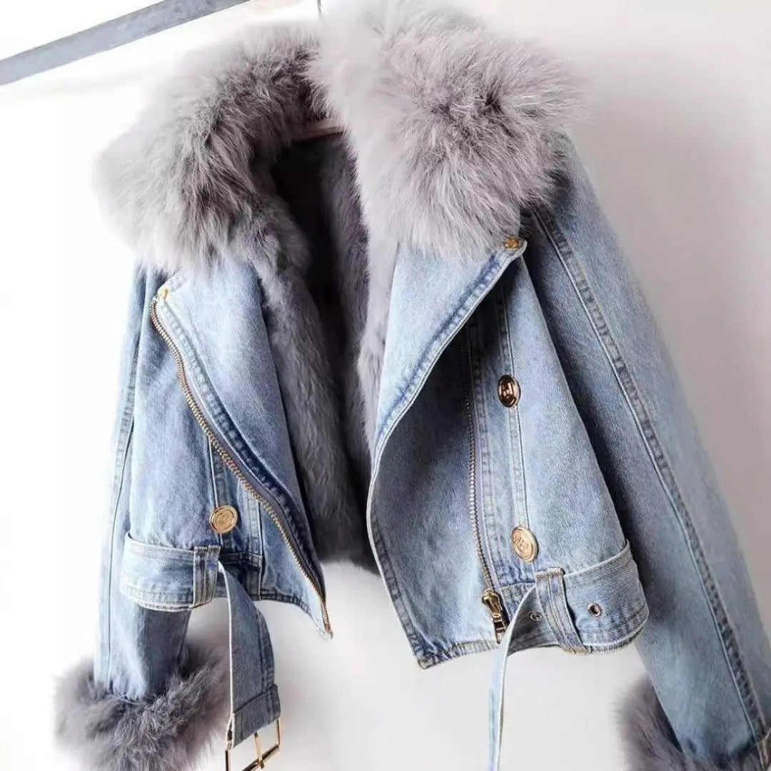 Margaux - Women's Luxe Lined Fox Fur Denim Coat