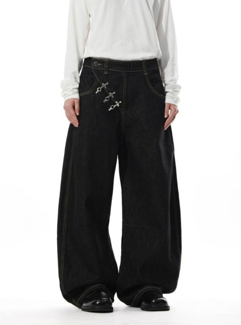 Mrnearly Men's Cross Buckle Denim Jeans - Harajuku Street Wear