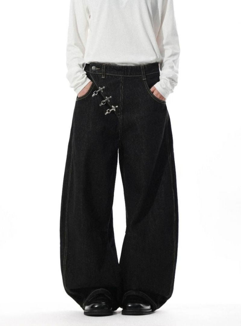 Mrnearly Men's Cross Buckle Denim Jeans - Harajuku Street Wear