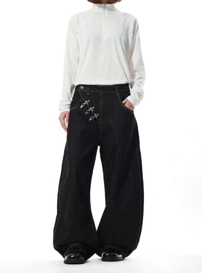 Mrnearly Men's Cross Buckle Denim Jeans - Harajuku Street Wear