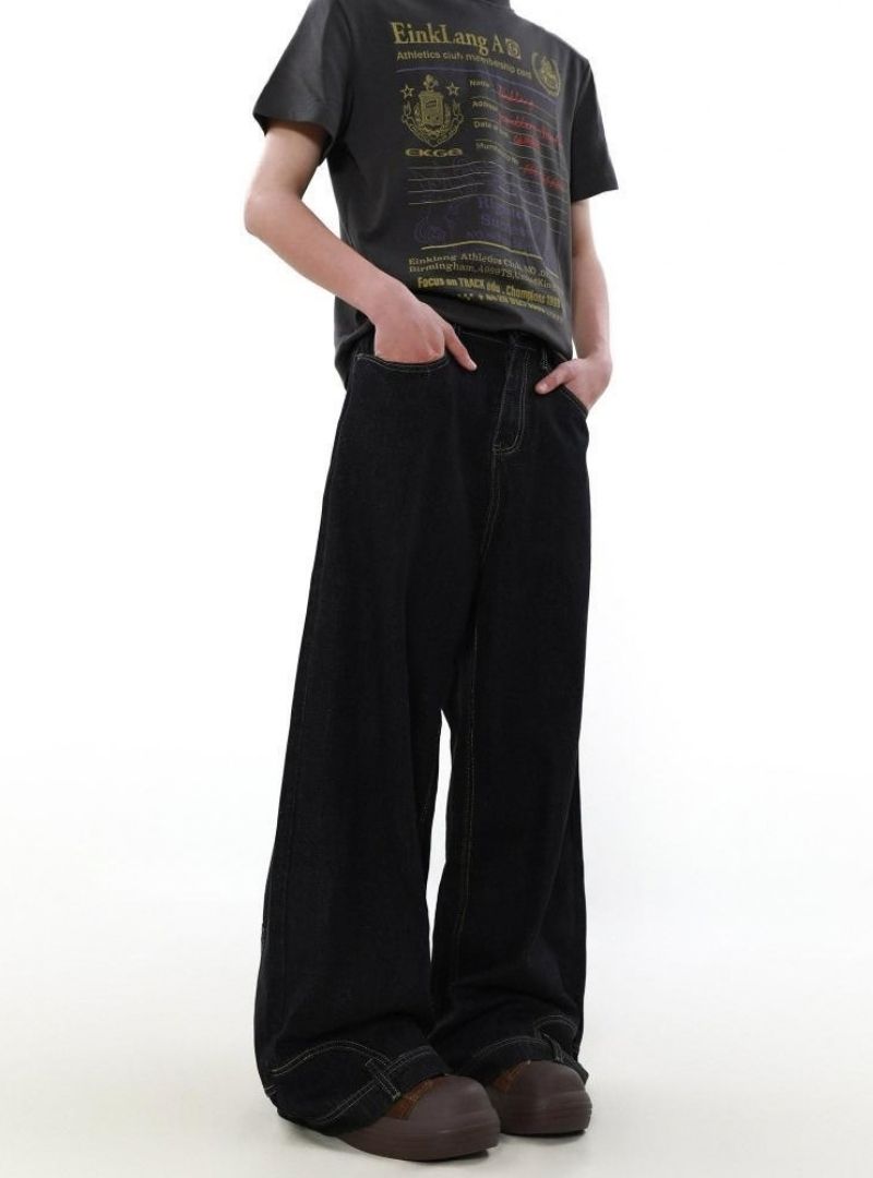 Mrnearly Men's Reverse Construct Wide Leg Jeans - Harajuku Street Wear