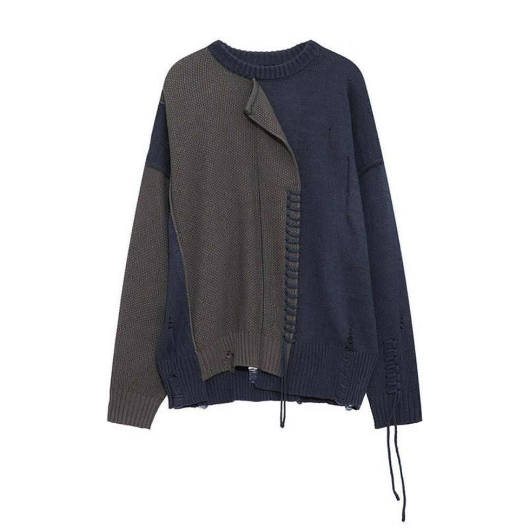 Mrnearly Men's Spliced Distressed Knit Sweater - Harajuku Street Wear